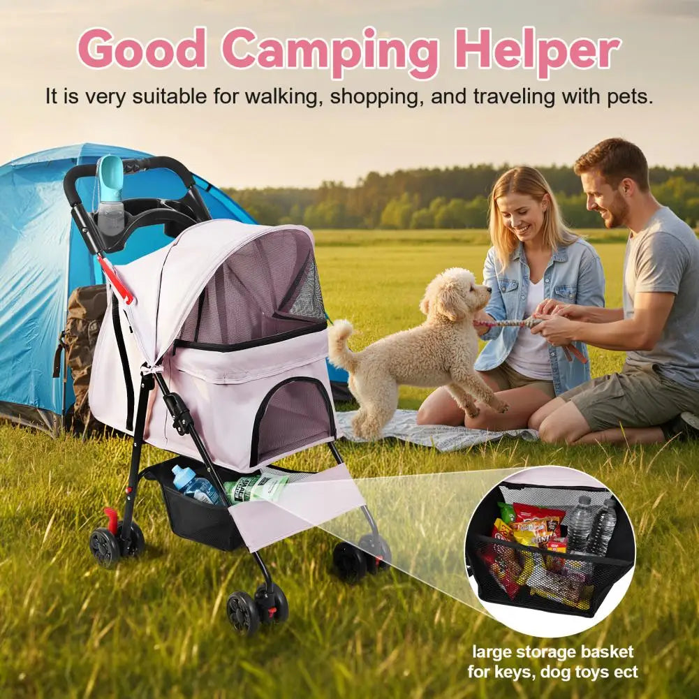 Foldable 4 Wheels Pet Stroller With Mesh Windows Storage Basket