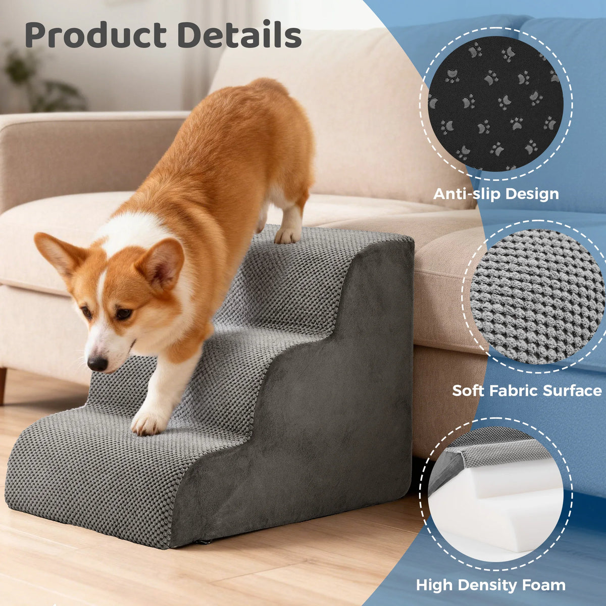 High Density Foam Dog Stairs Featuring Curved Non Slip Steps