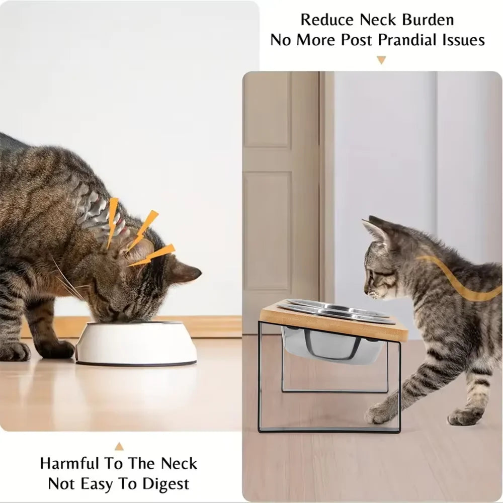 Elevated Wooden Stand Stainless Steel Raised Cat Food Bowl