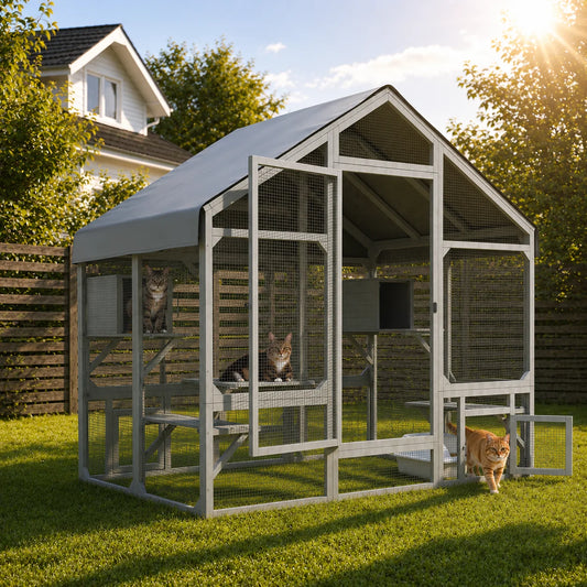 Outdoor Cat Enclosure With Tiered Platforms And Weather Resistant Cover