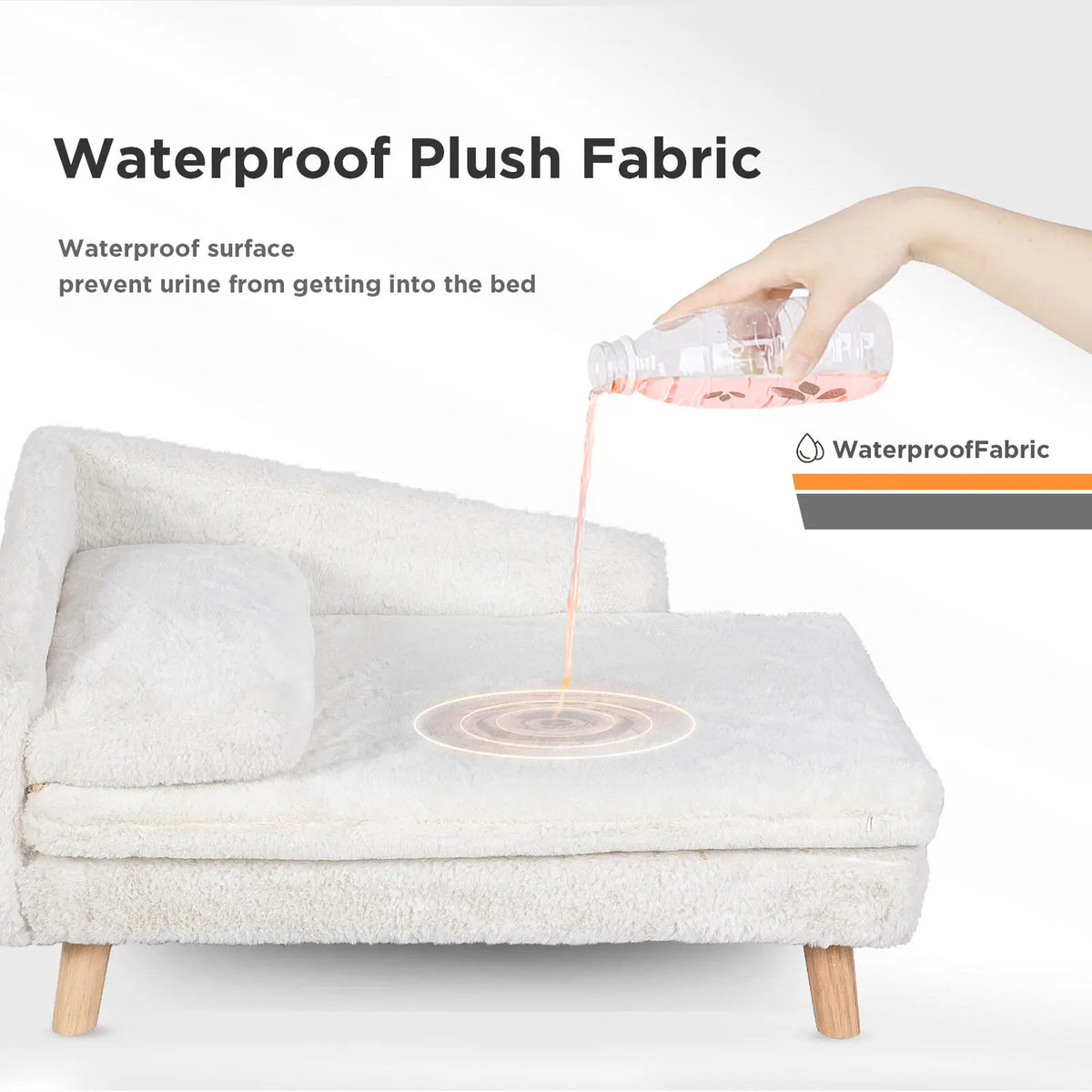 L-Shaped Elevated Pet Bed with Solid Wood Legs and Cushion.