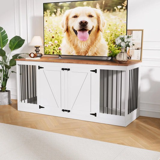 Farmhouse Wooden Dog Crate With TV Stand And Lockable Doors