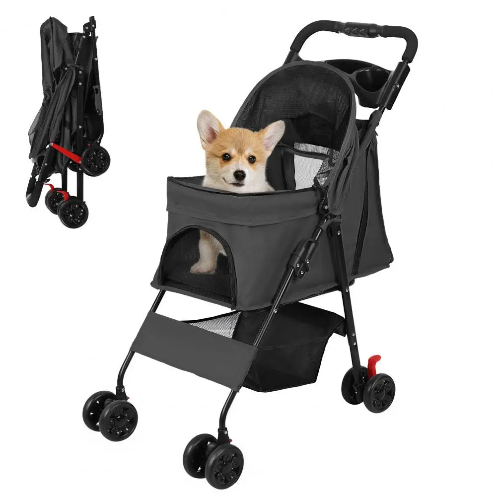 Foldable 4 Wheels Pet Stroller With Mesh Windows Storage Basket