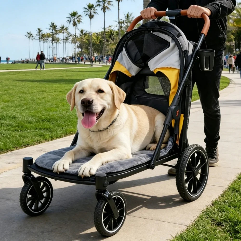 Foldable Four Wheel Pet Stroller With Cushion And Cup Holder