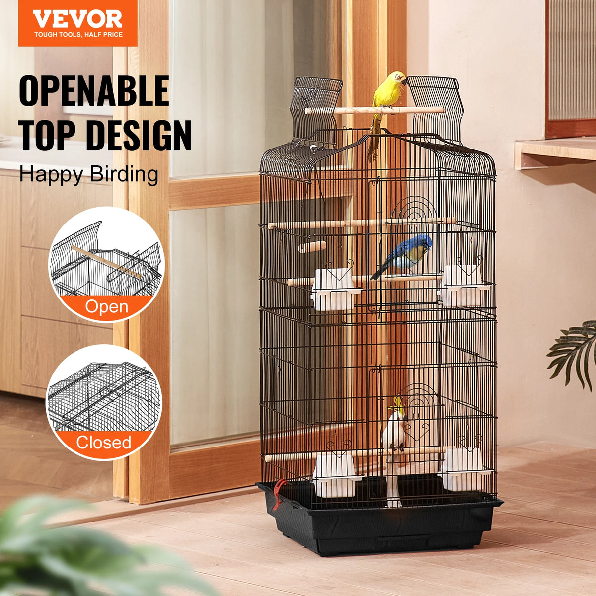 SucceBuy Spacious Open Top Hanging Bird Cage With Swing And Perch