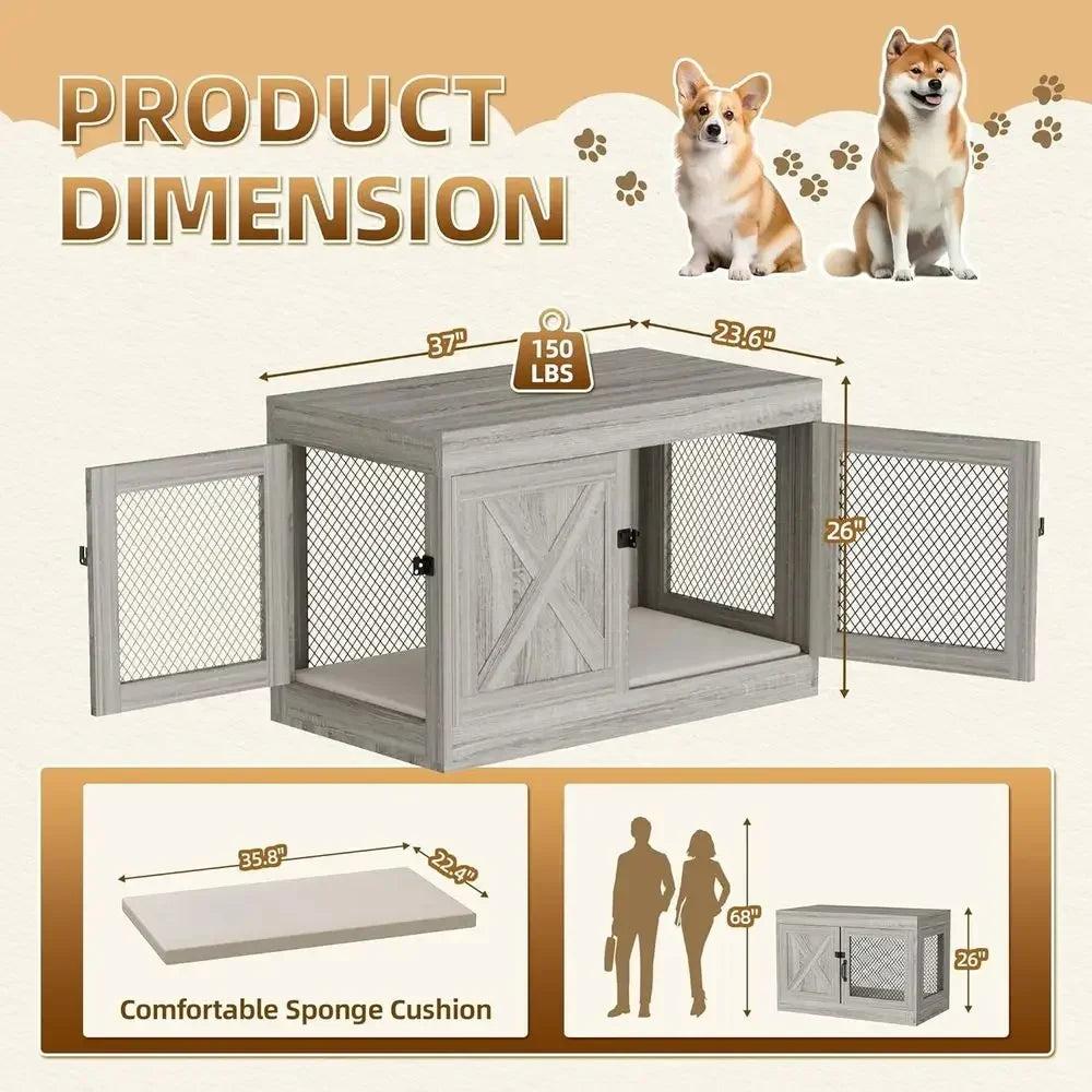 Indoor Wooden Lockable Double Door Dog Kennel Includes Cushion
