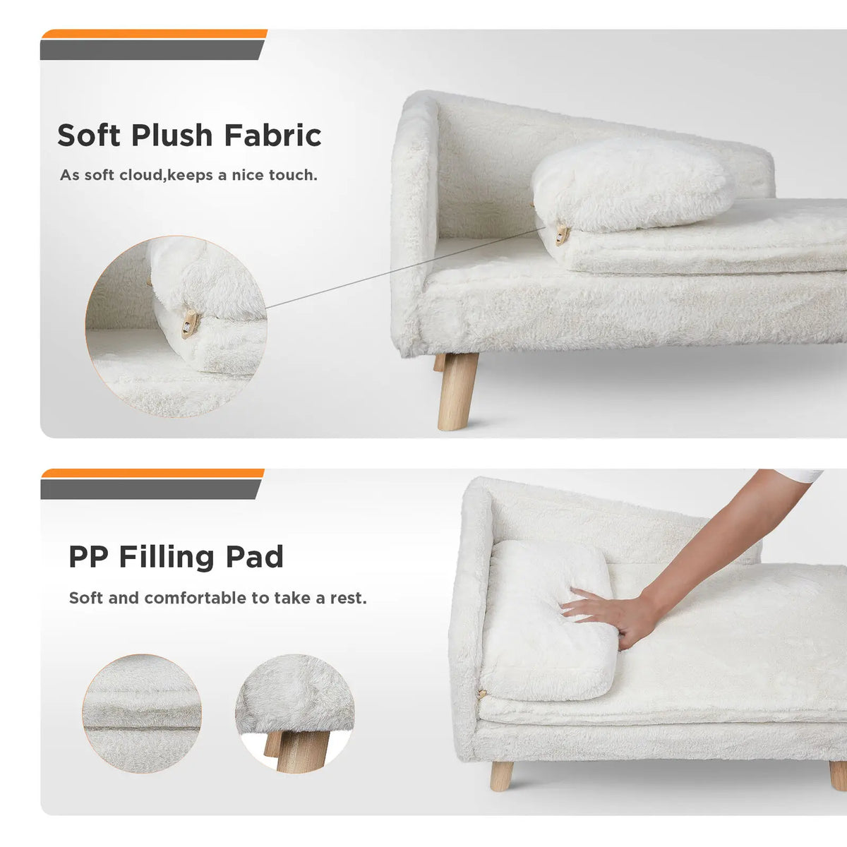 L-Shaped Elevated Pet Bed with Solid Wood Legs and Cushion.