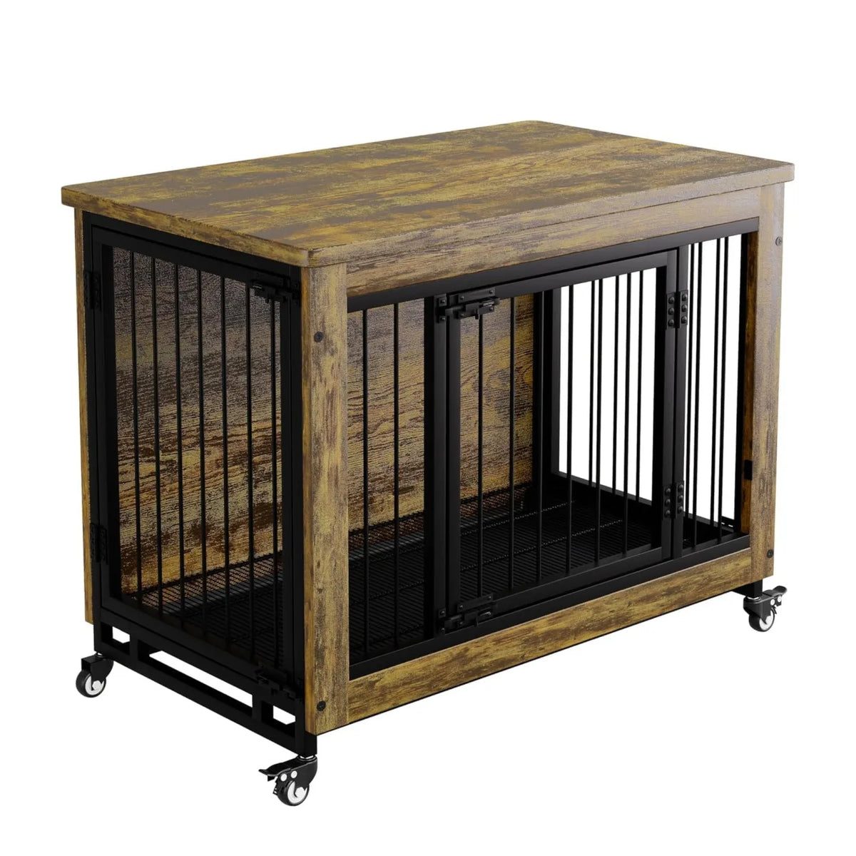 Anixol Wooden Dog Crate Furniture End Table With Locking Wheels