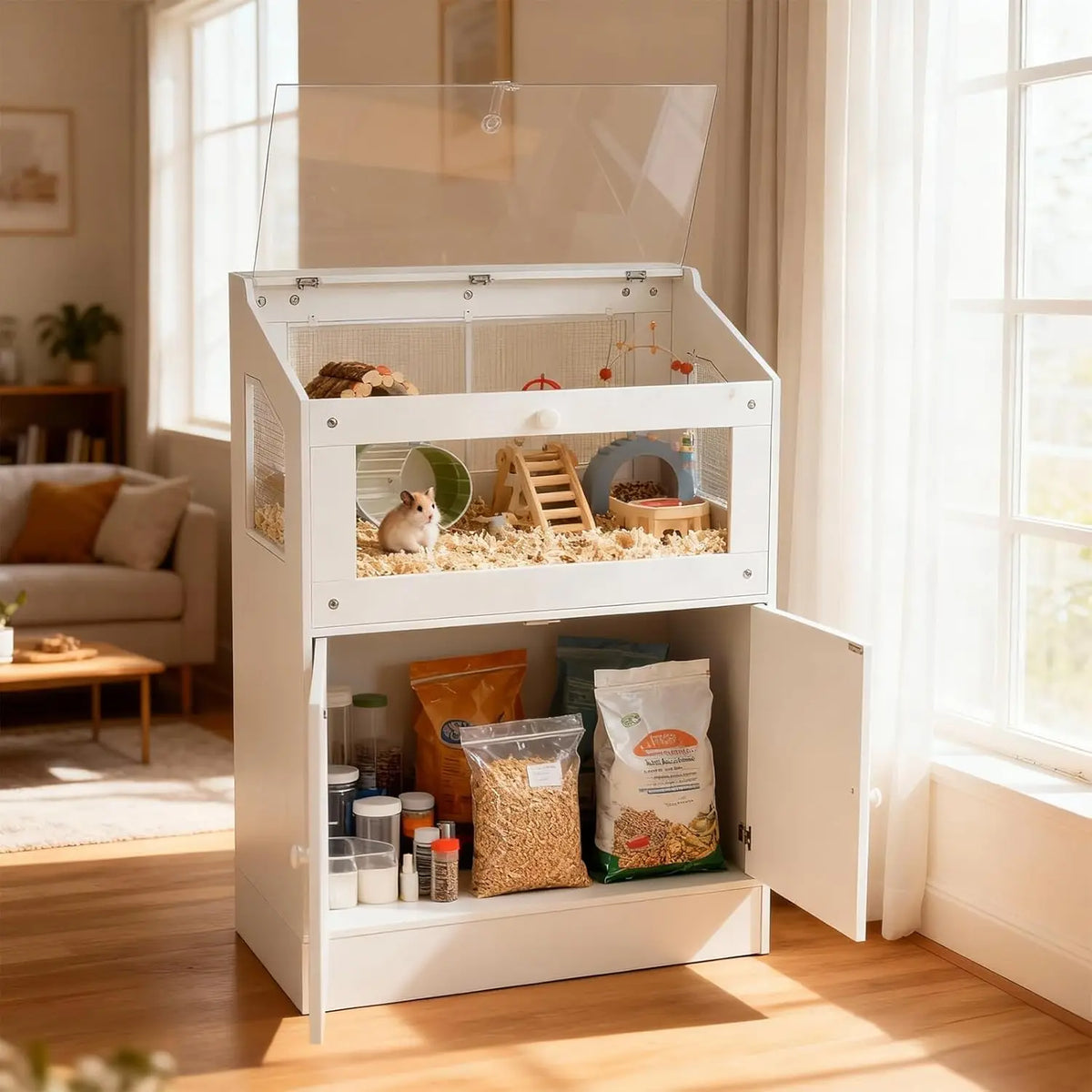 HiMISS Acrylic Small Animal Cage With Wood Storage Cabinet