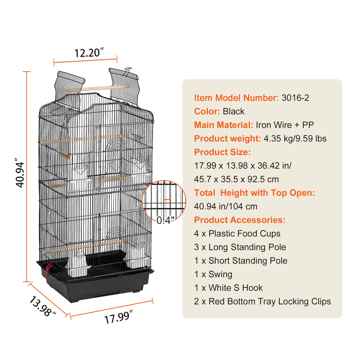 SucceBuy Spacious Open Top Hanging Bird Cage With Swing And Perch