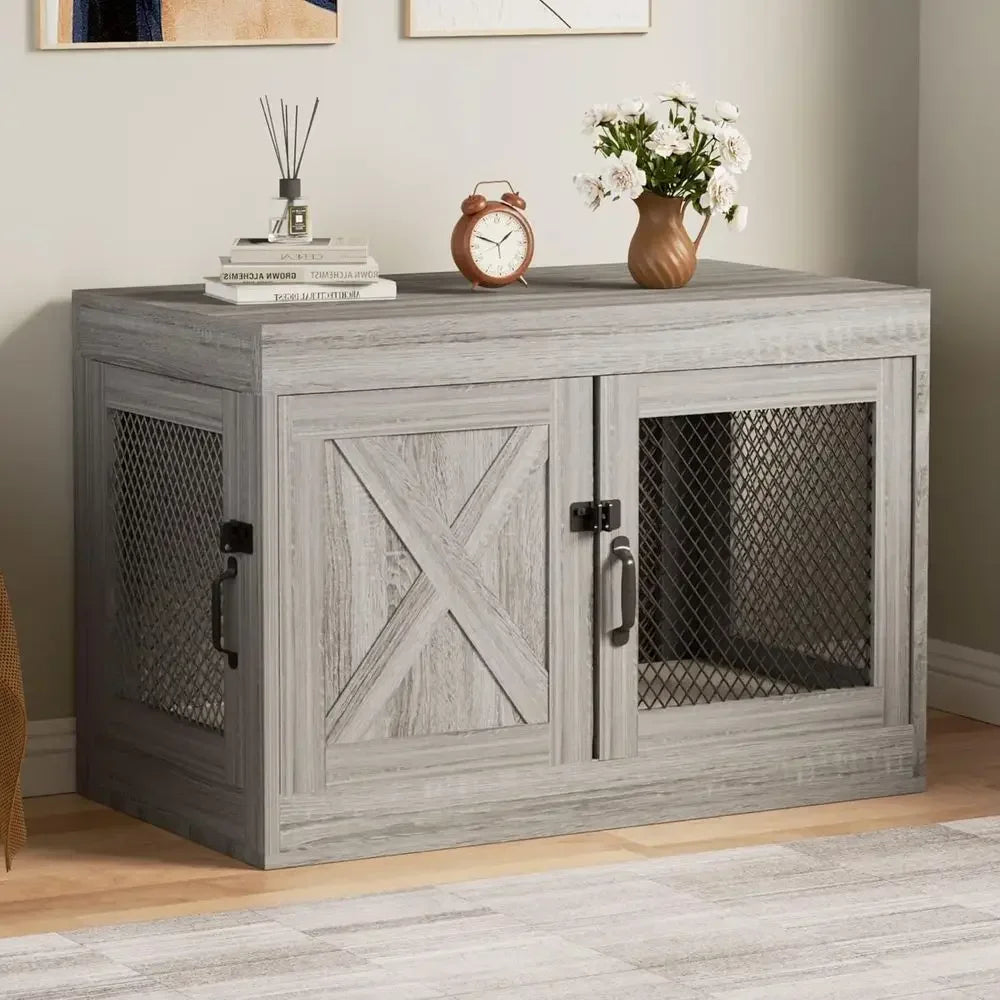 Indoor Wooden Lockable Double Door Dog Kennel Includes Cushion