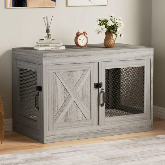 Indoor Wooden Lockable Double Door Dog Kennel Includes Cushion