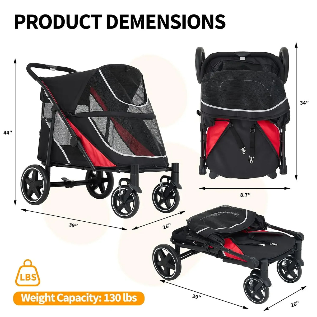 Garvee Heavy Duty Foldable Dog Stroller With Mesh Ventilation And Basket