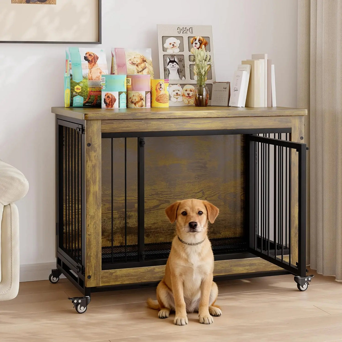 Anixol Wooden Dog Crate Furniture End Table With Locking Wheels