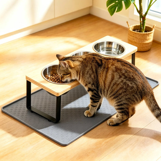 Elevated Bamboo Cat Feeder With Stainless Steel Bowls And Mat