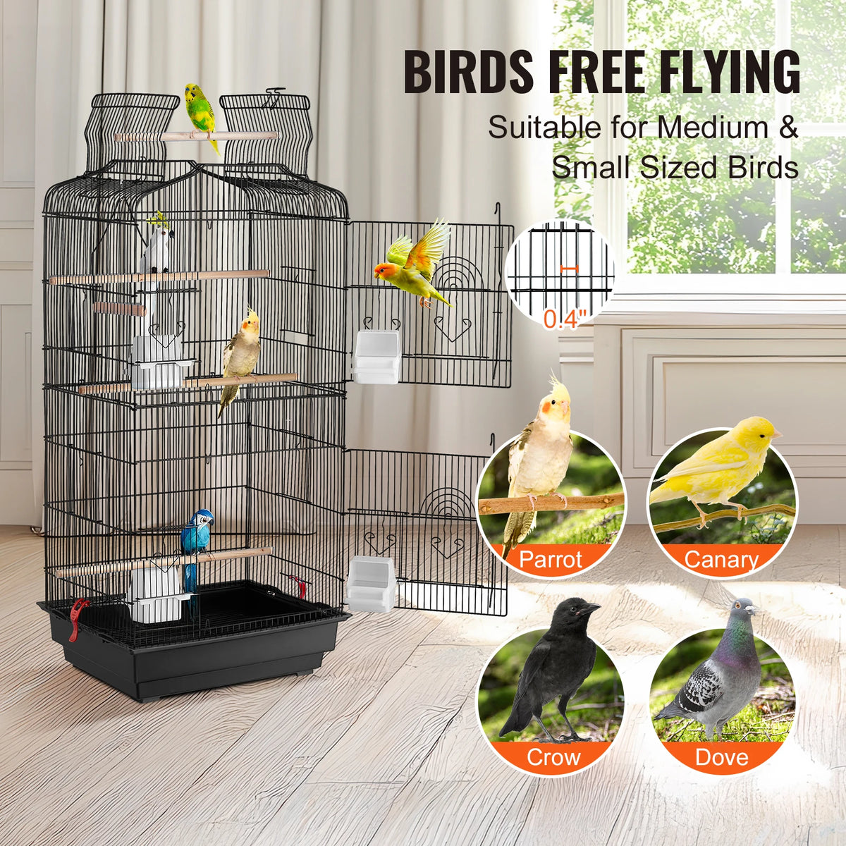 SucceBuy Spacious Open Top Hanging Bird Cage With Swing And Perch