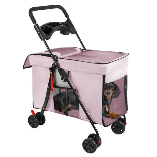 Foldable Dog Stroller With Rotating Wheels And Removable Tray