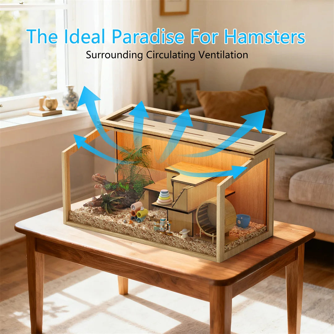 Natural Wood Hamster Cage with Glass Panels and LED Light