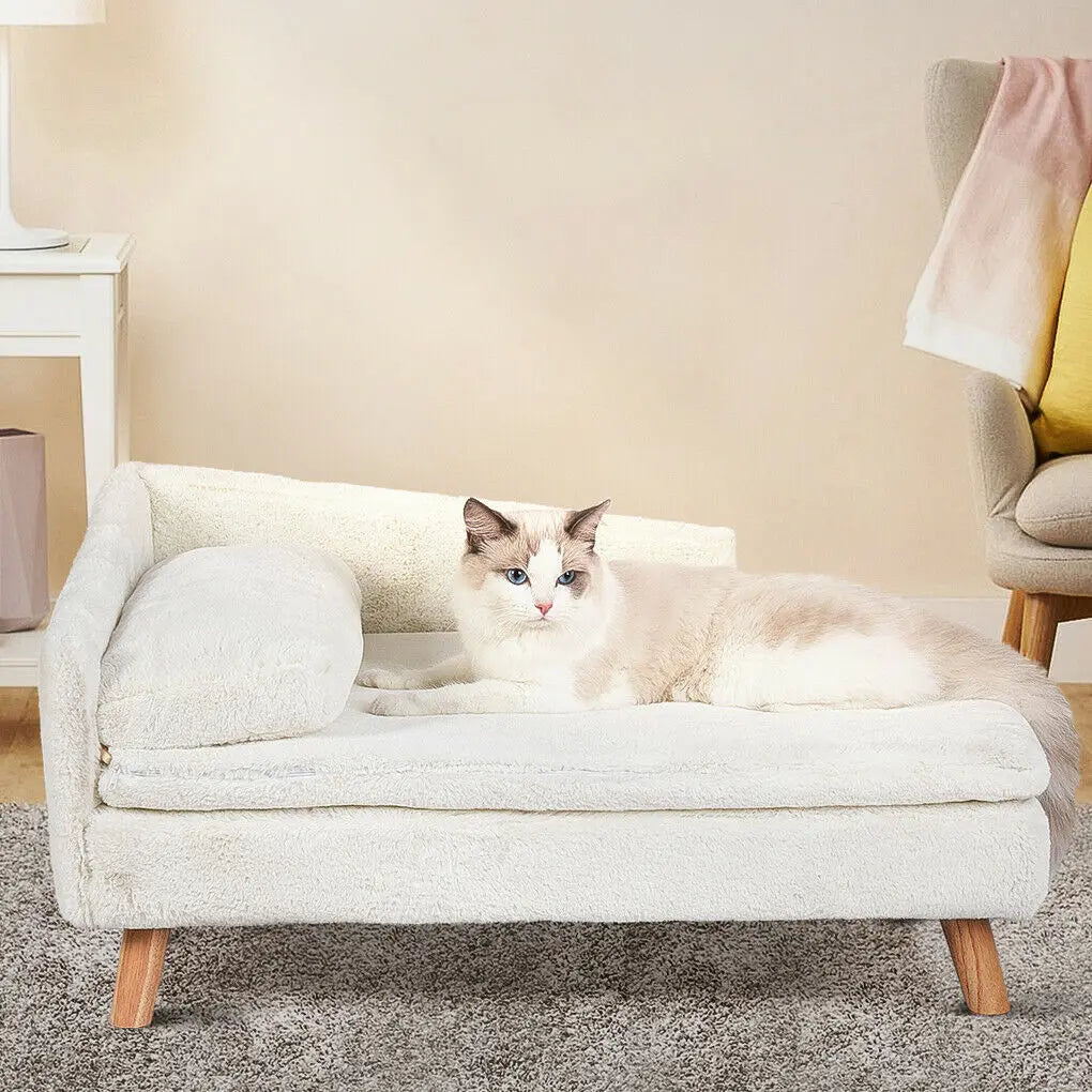 L-Shaped Elevated Pet Bed with Solid Wood Legs and Cushion.