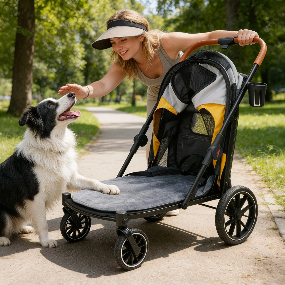 Foldable Four Wheel Pet Stroller With Cushion And Cup Holder
