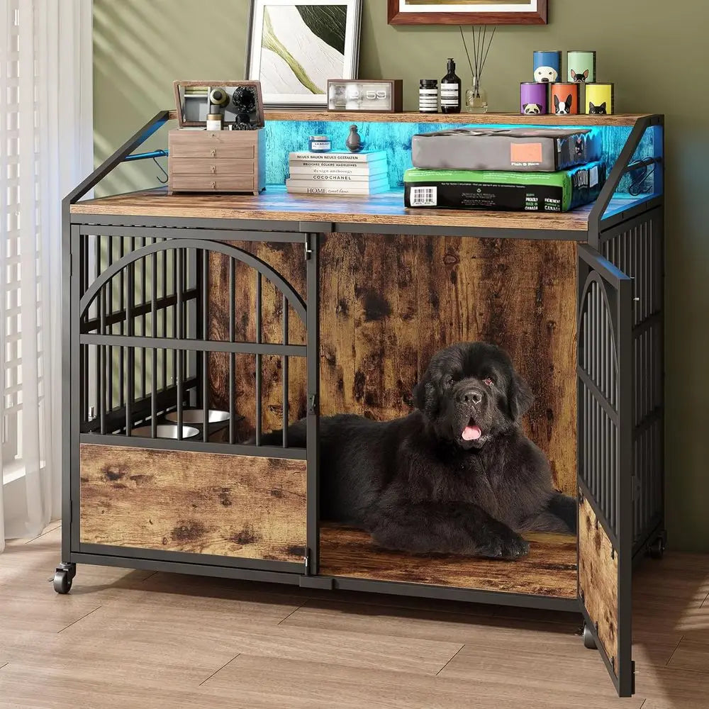 Heavy Duty Dog Crate End Table With Stainless Steel Bowls