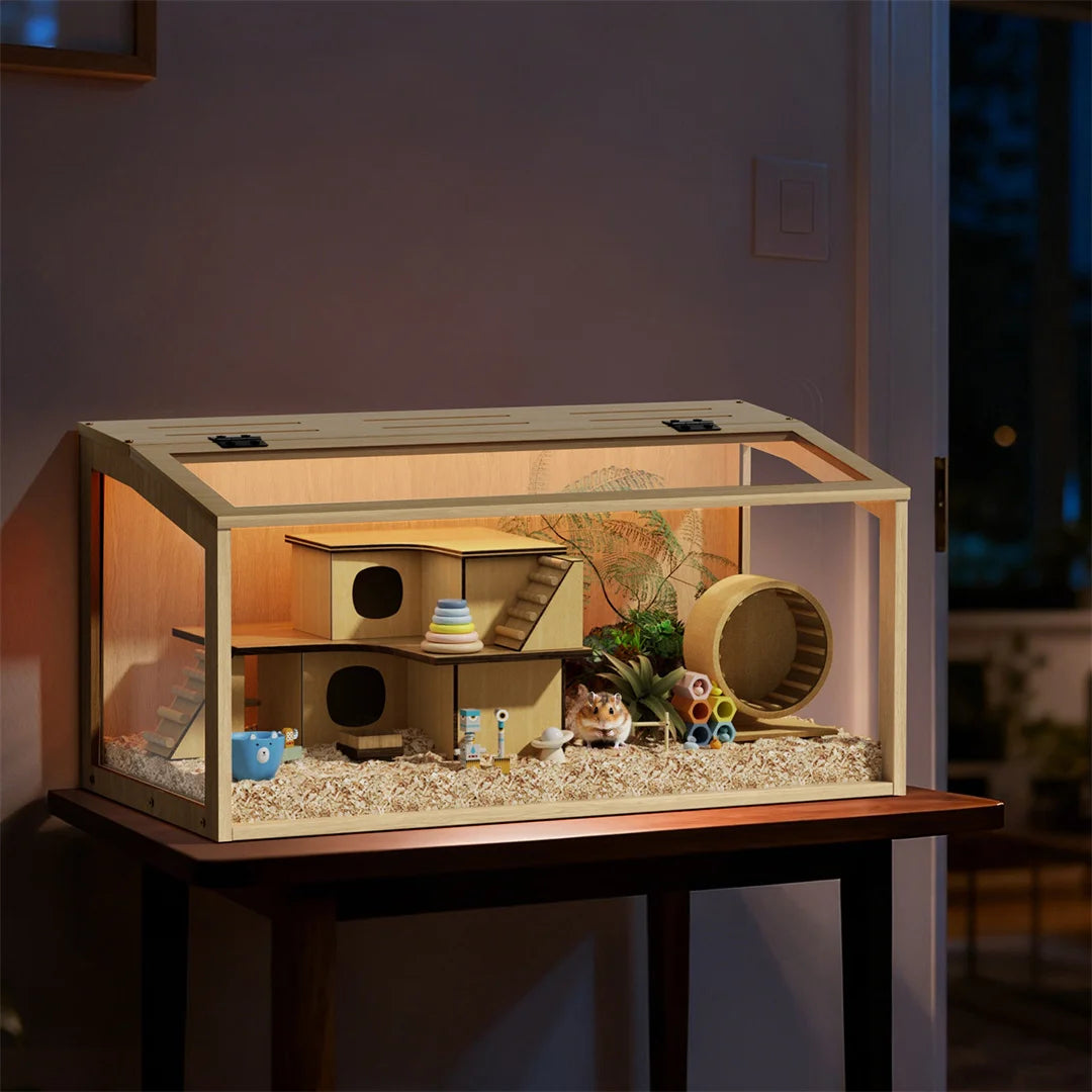 Natural Wood Hamster Cage with Glass Panels and LED Light