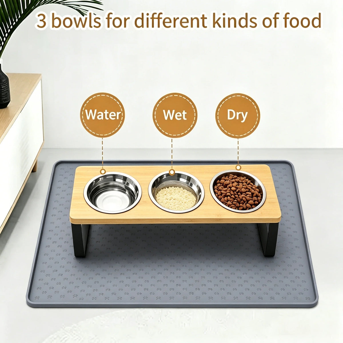 Elevated Bamboo Cat Feeder With Stainless Steel Bowls And Mat