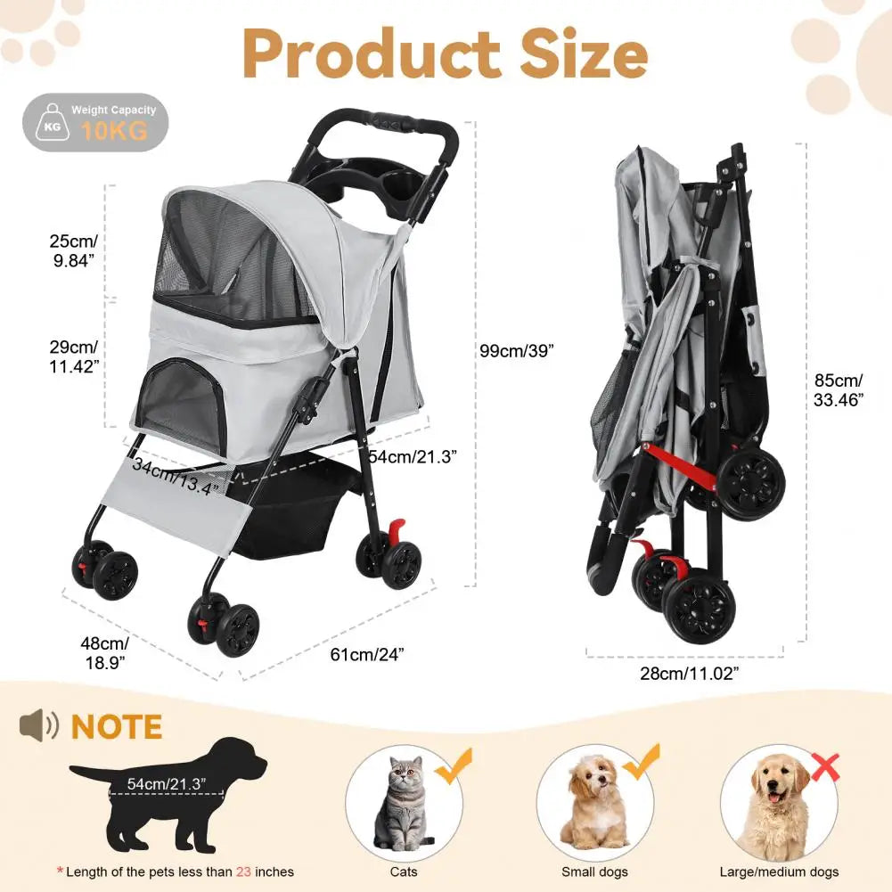 Foldable 4 Wheels Pet Stroller With Mesh Windows Storage Basket
