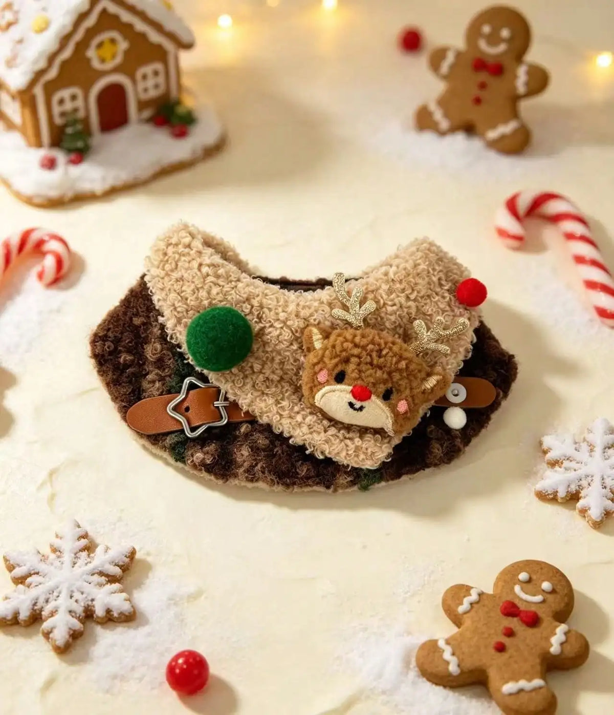 Christmas Reindeer Applique Adjustable Fuzzy Plush Pet Collar Bib