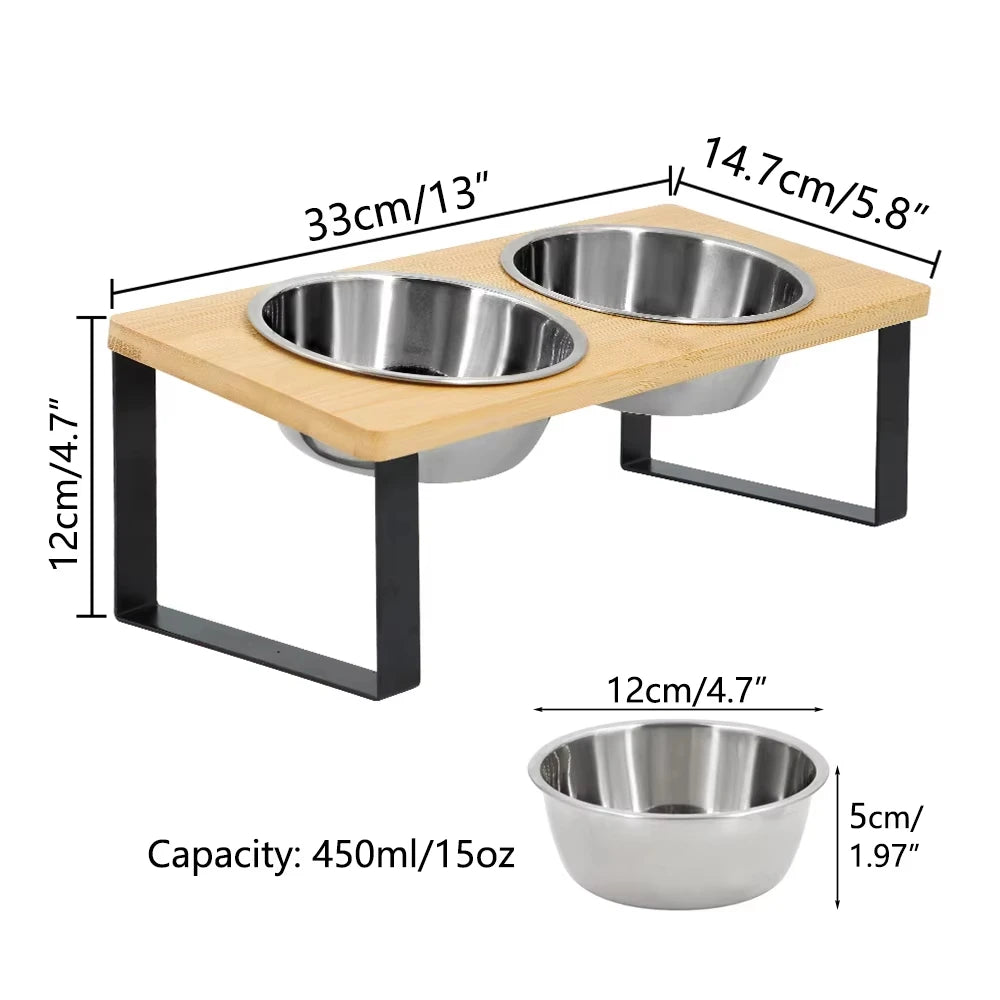 Elevated Wooden Stand Stainless Steel Raised Cat Food Bowl