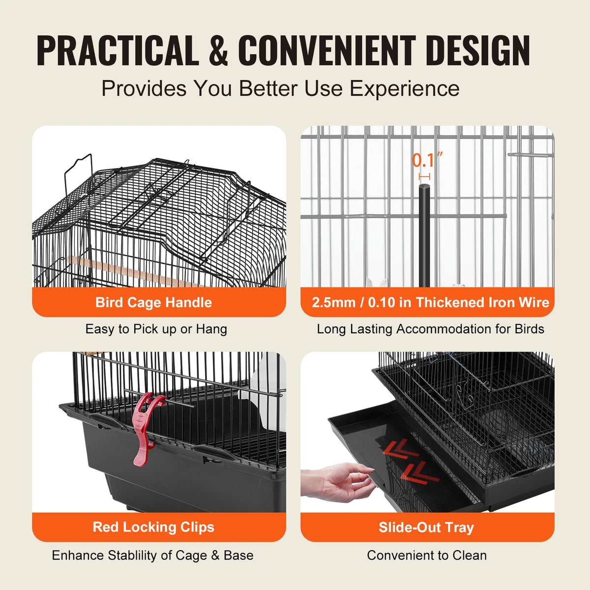 SucceBuy Spacious Open Top Hanging Bird Cage With Swing And Perch