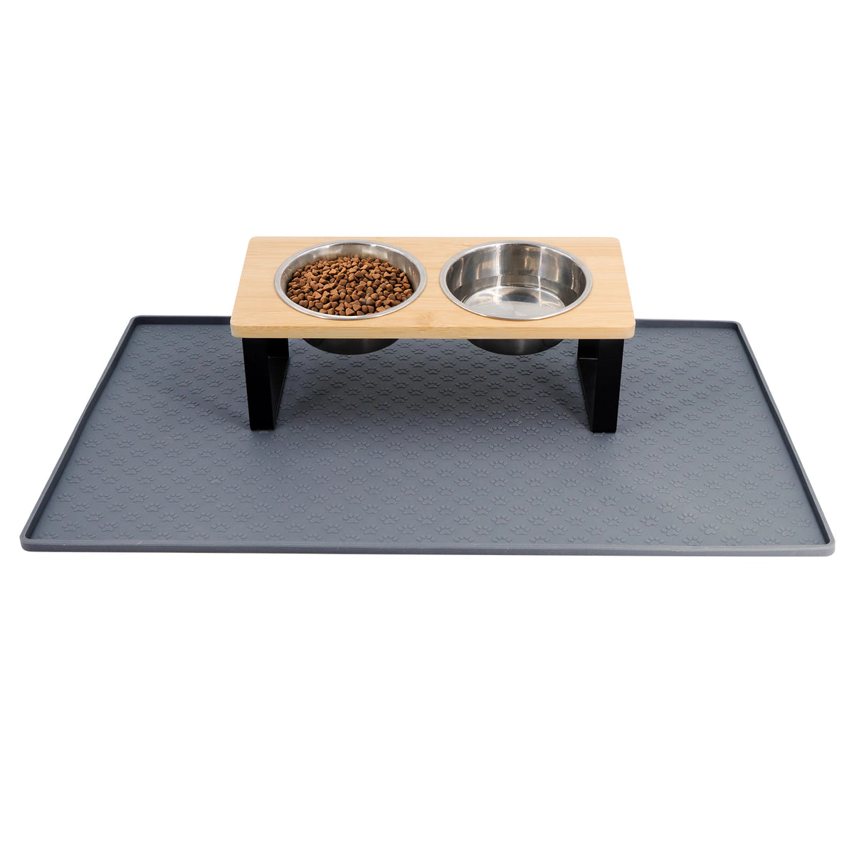 Elevated Wooden Stand Stainless Steel Raised Cat Food Bowl