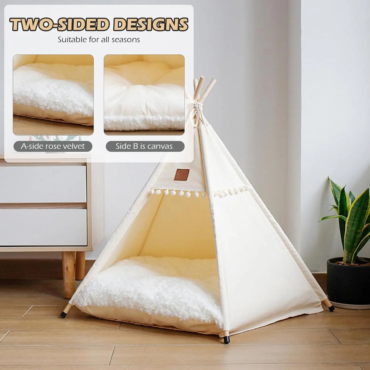 Portable Indoor Dog And Cat Teepee Tent With Washable Canvas Cover