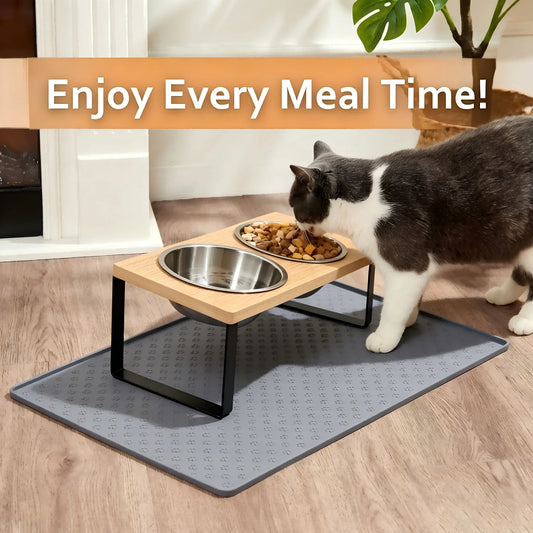 Elevated Wooden Stand Stainless Steel Raised Cat Food Bowl