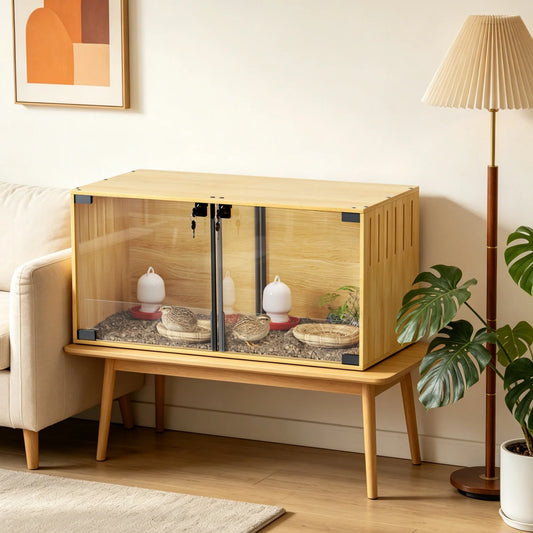 Wooden Small Animal Cage With Tempered Glass And Divider