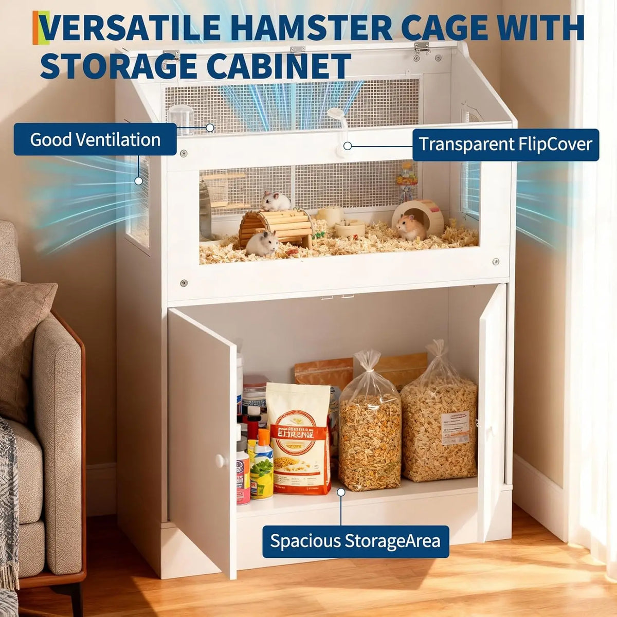 HiMISS Acrylic Small Animal Cage With Wood Storage Cabinet