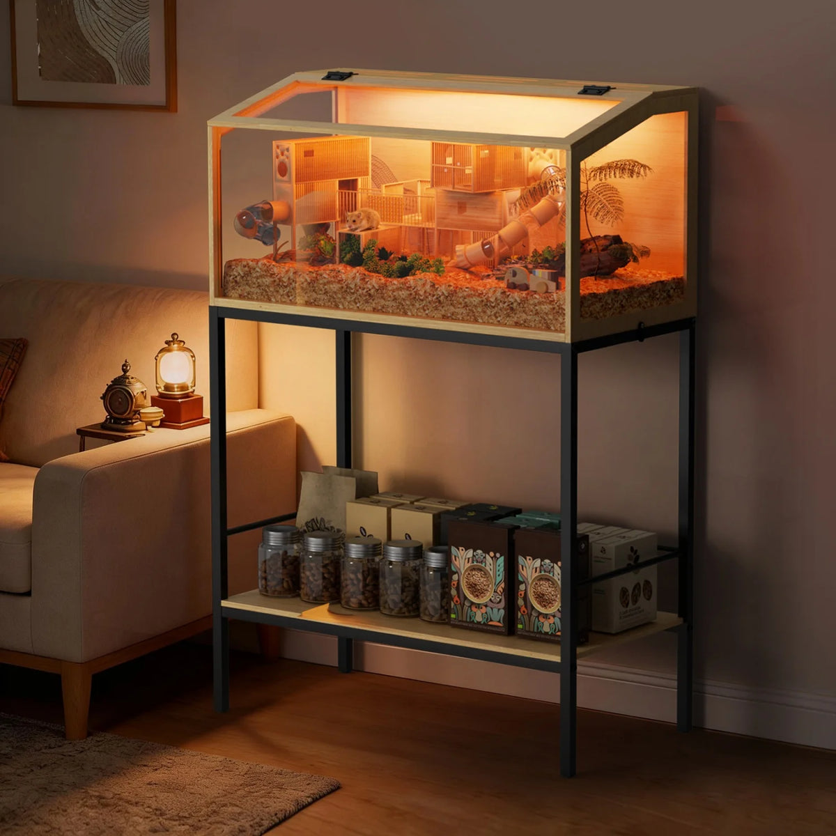 Wooden Hamster Cage Featuring Tempered Glass And LED Lighting