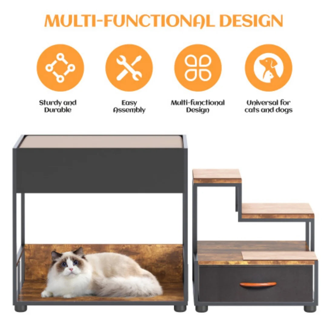 Elevated Dog Bunk Bed With Integrated Pet Stair And Storage