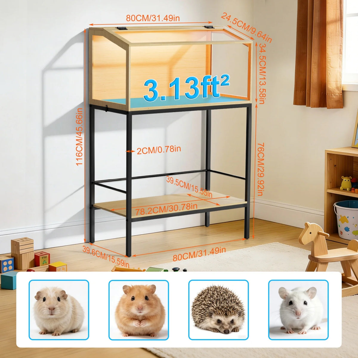 Wooden Hamster Cage Featuring Tempered Glass And LED Lighting