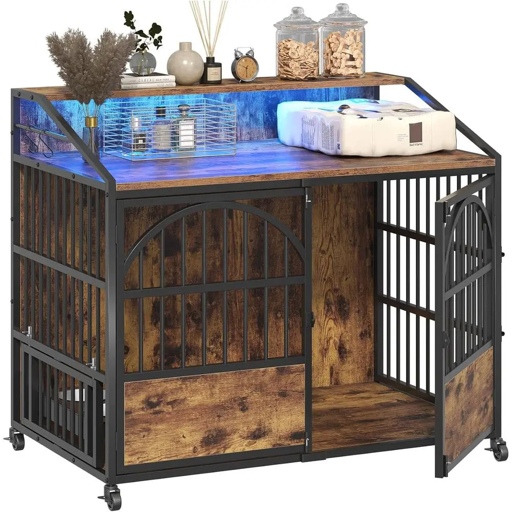 Heavy Duty Dog Crate End Table With Stainless Steel Bowls
