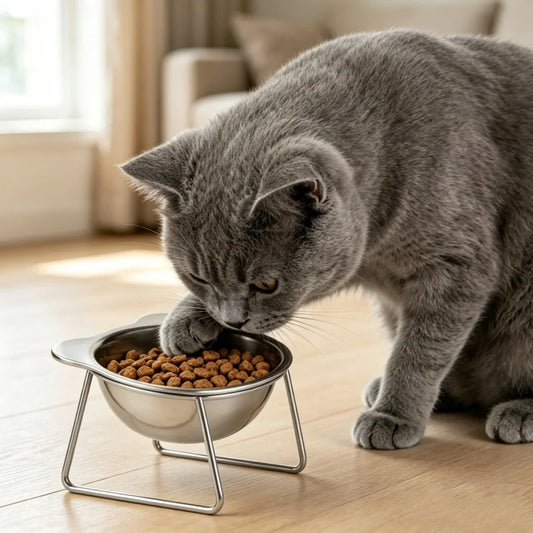 Booteely Tilted Stainless Steel Cat Food Bowl With Metal Stand