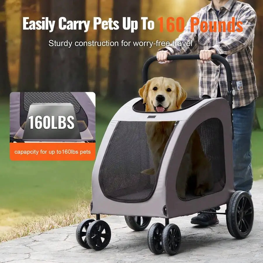 Portable Four Wheel Dog Stroller With Brakes And Breathable Mesh