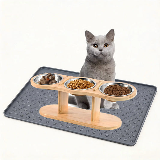 Elevated Three Bowl Cat Feeder With Stainless Steel Basins And Wooden Stand