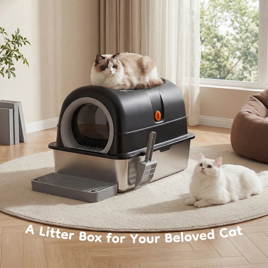 Stainless Steel Completely Enclosed Cat Litter Box With Hygienic Scoop