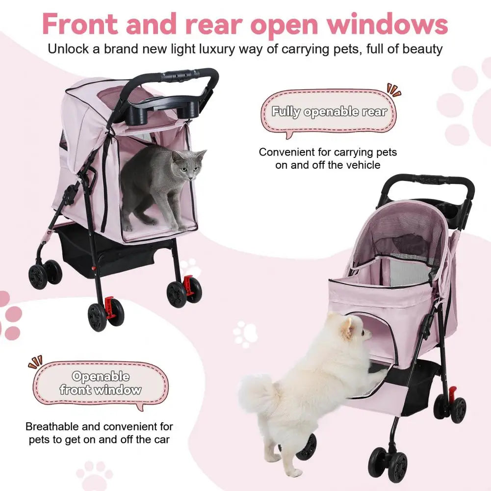 Foldable 4 Wheels Pet Stroller With Mesh Windows Storage Basket
