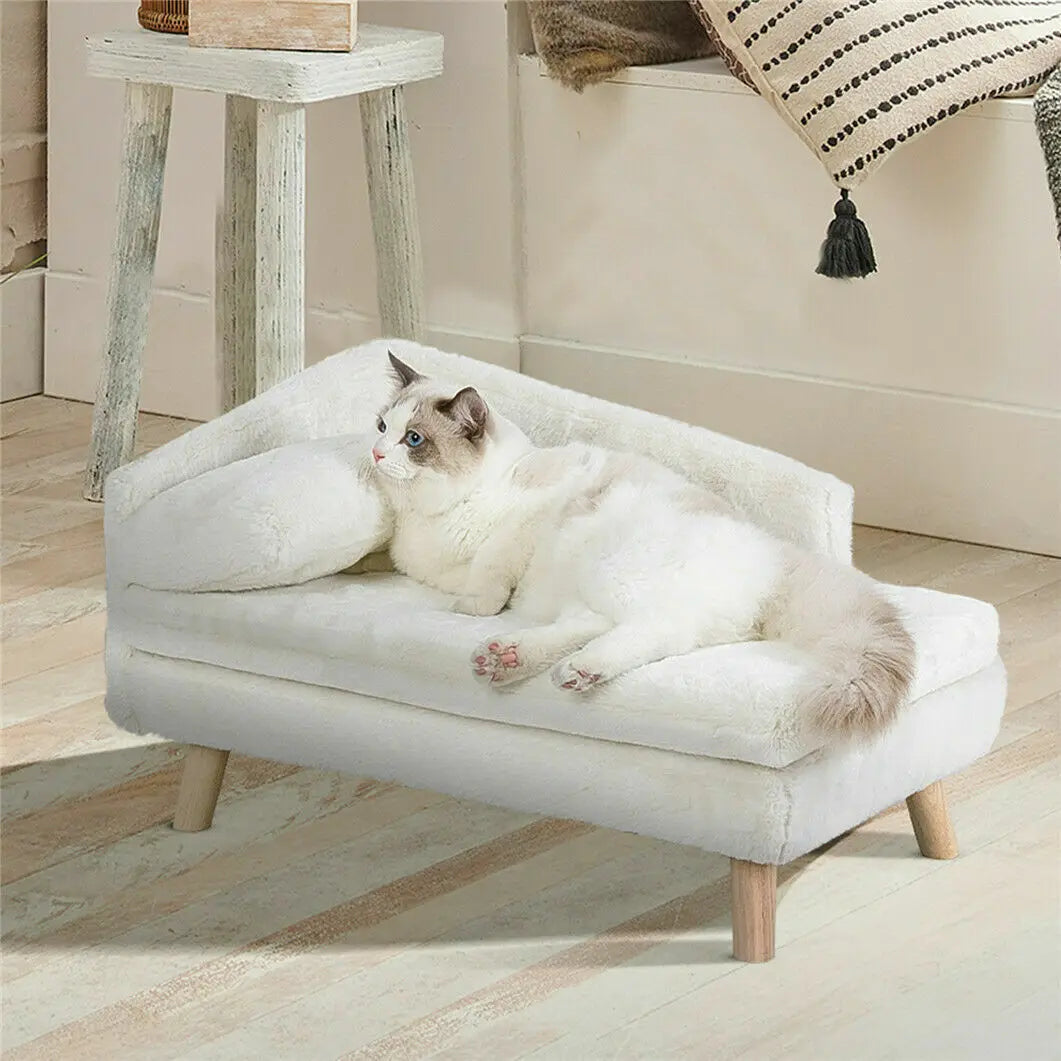 L-Shaped Elevated Pet Bed with Solid Wood Legs and Cushion.