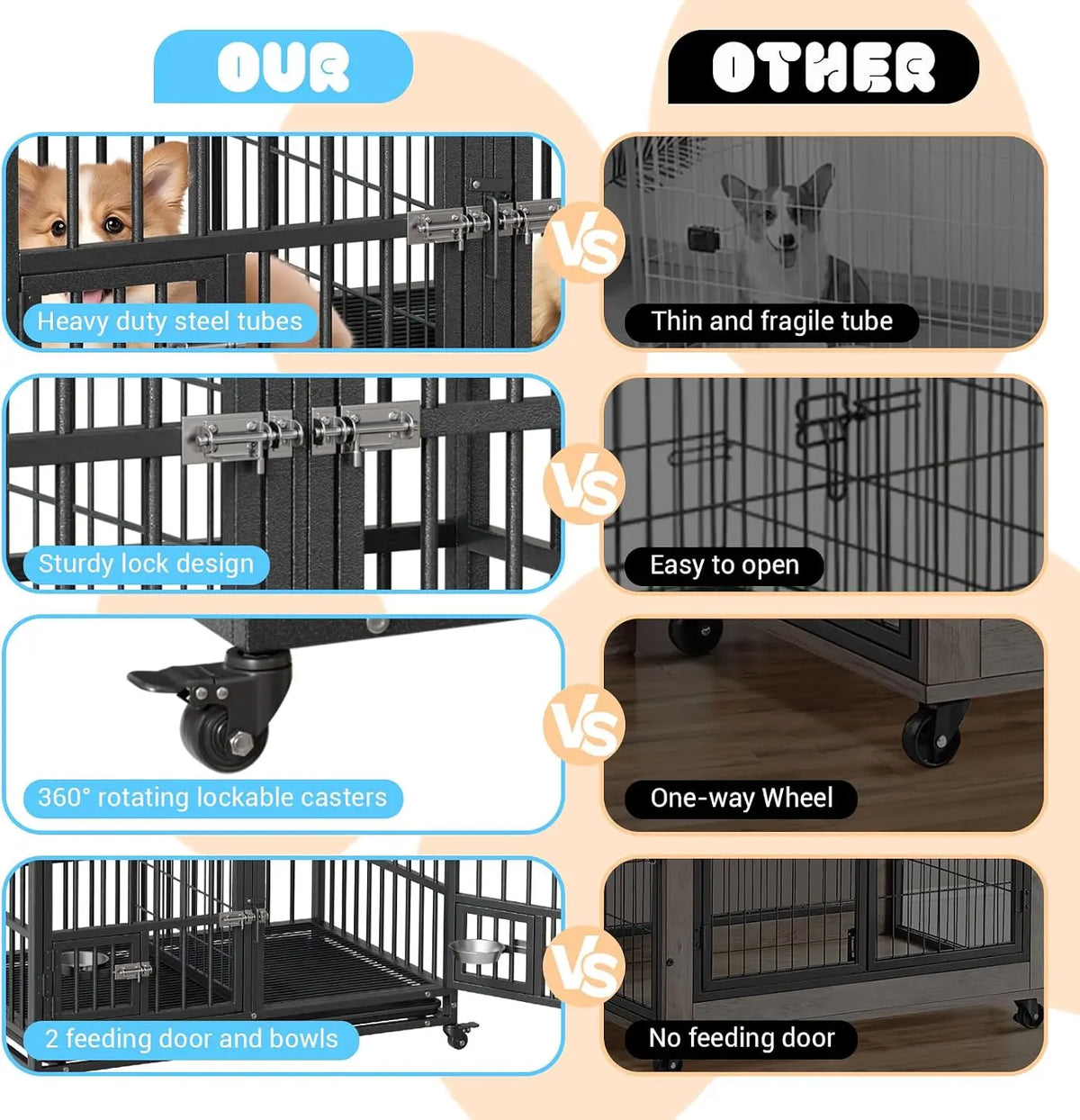 Garvee Heavy Duty Metal Dog Crate With Lockable Wheels