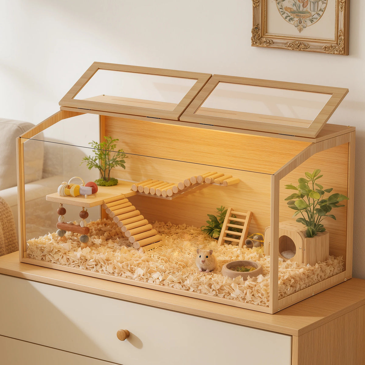 Natural Wood Hamster Cage with Glass Panels and LED Light