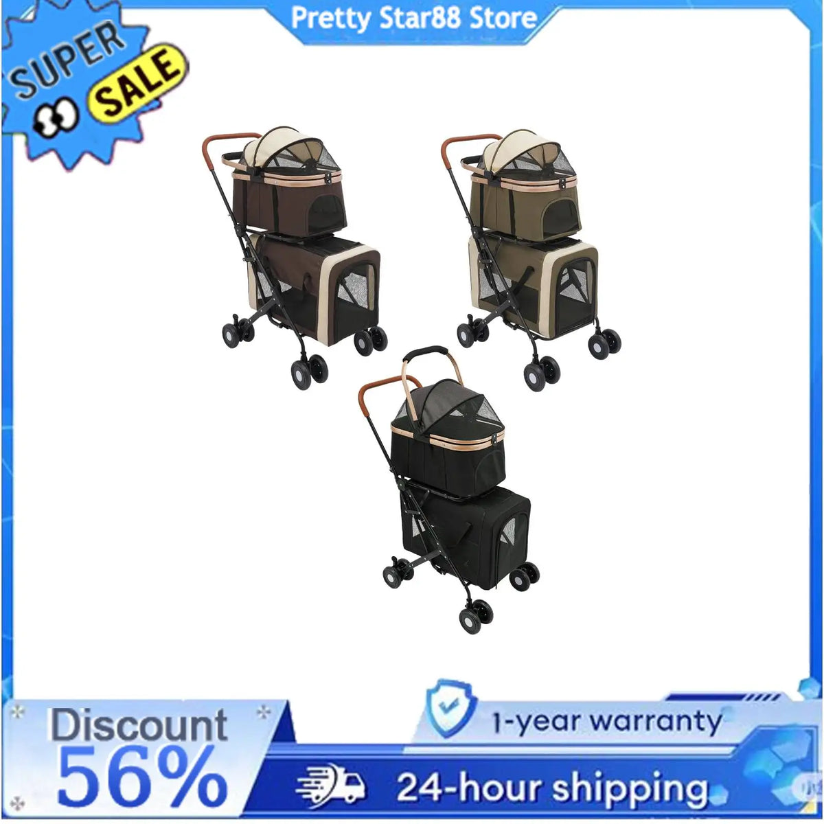 Bymaocar Foldable Dog And Cat Stroller For Travel And Shopping