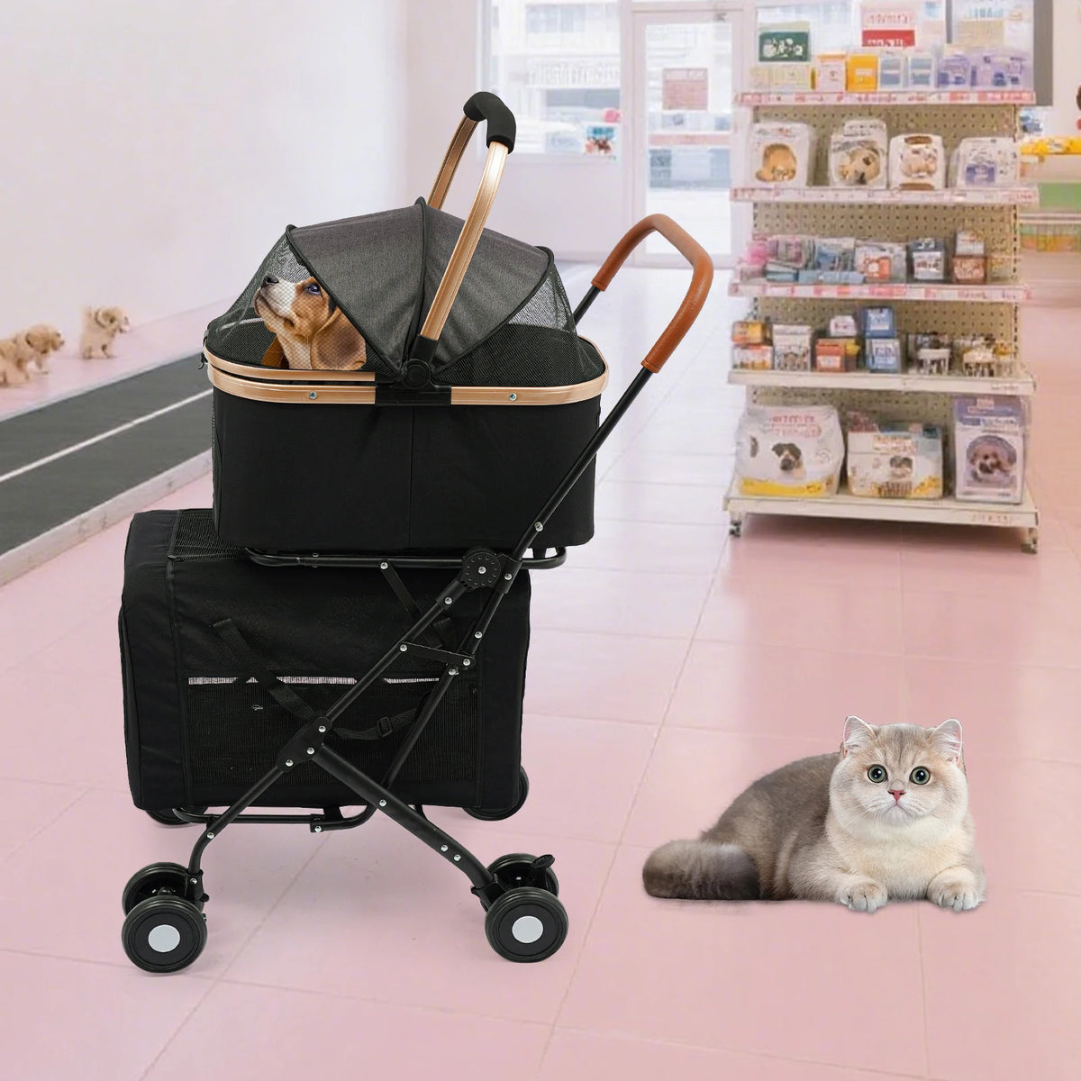 Bymaocar Foldable Dog And Cat Stroller For Travel And Shopping